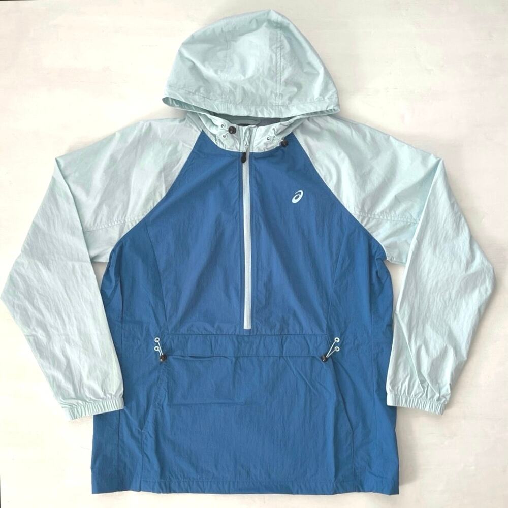Asics Womens Anorak Jacket Size L Aqua Blue Hooded Half Zip Pockets Windbreaker